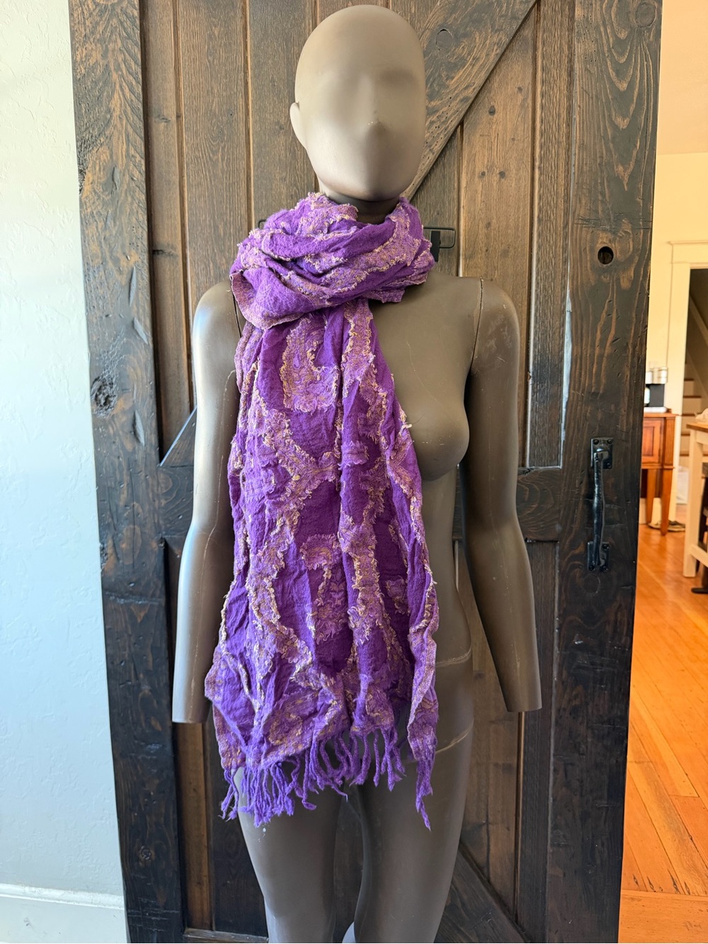 Wool Blend Purple Patterned Fringe Scarf Shawl Elegant Indian Made